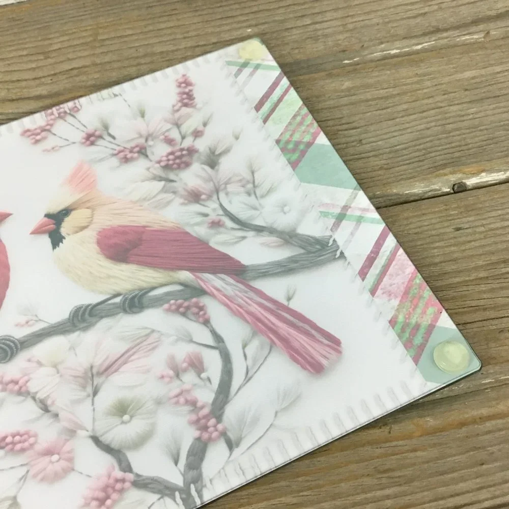 Cardinals on Festive Plaid Glass Cutting Board 11.25
